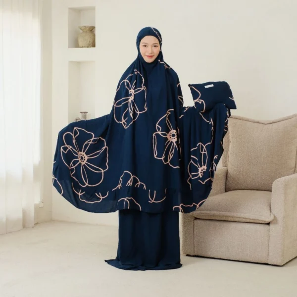 Mukenah Marwan Navy Mukena Rayon Premium Marwah Jumbo Adem Nyaman Motif Bunga