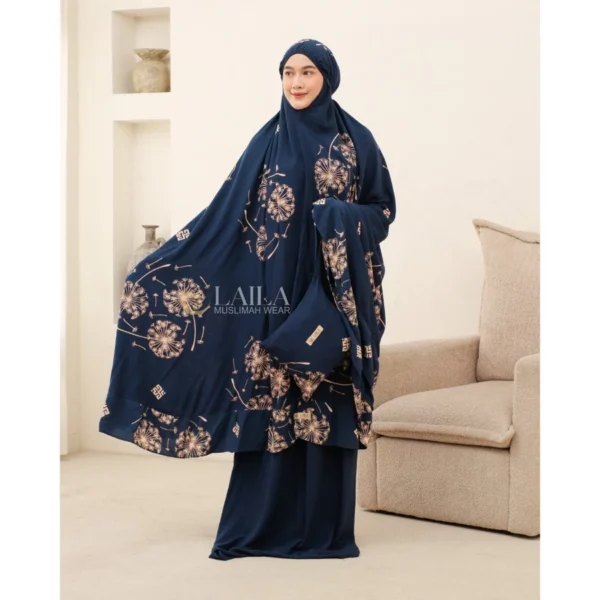 Navy Mukena Rayon Premium Noura Jumbo Adem Nyaman Motif Bunga